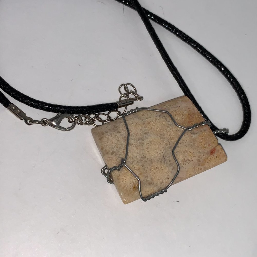 20" Braided Leather necklace with Wire wrapped Fossilized Coral Pendant - Picture 7 of 8